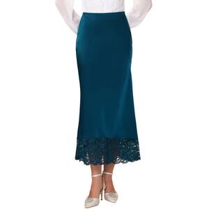 Satin Formal Lace Trim High Waist Cocktail Bodycon Maxi Skirt Blue